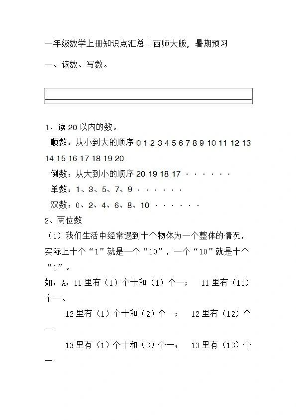 西师版小学一年级上数学重点知识点汇总预习 期末复习资料