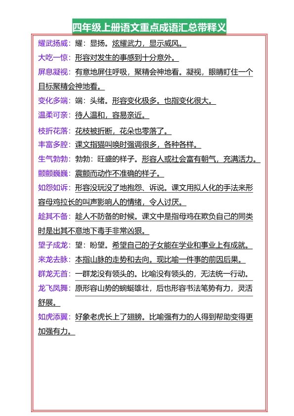 四年级上册语文全册重点成语汇总带释义 共8页