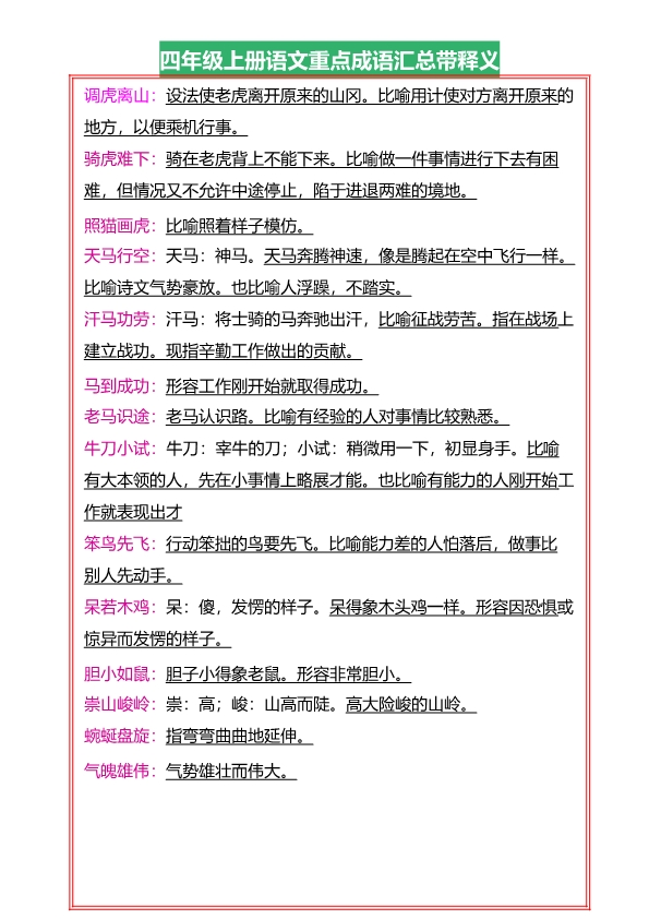 四年级上册语文全册重点成语汇总带释义 共8页