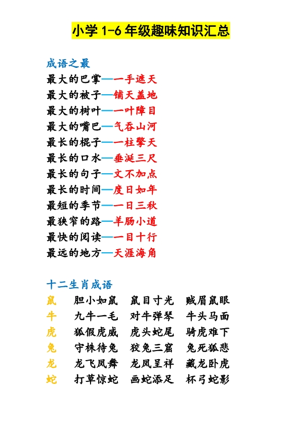 小学1-6年级趣味知识汇总