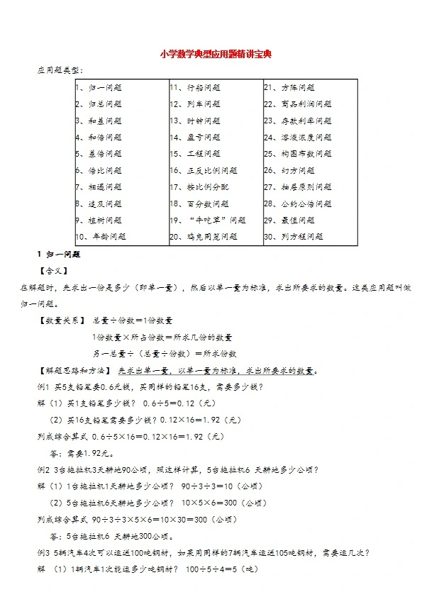 小学阶段数学典型应用题精讲宝典 复习专用 共35页