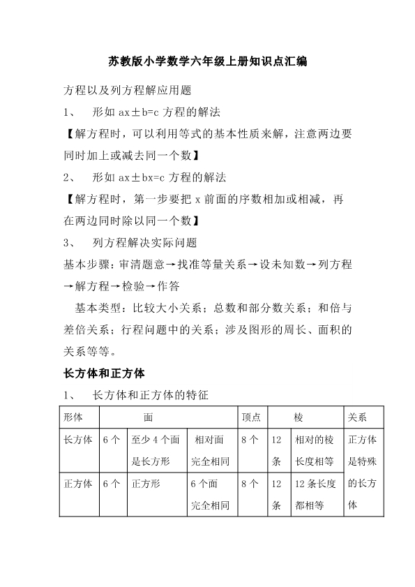 苏教版六年级数学上册知识重点汇总 共7页