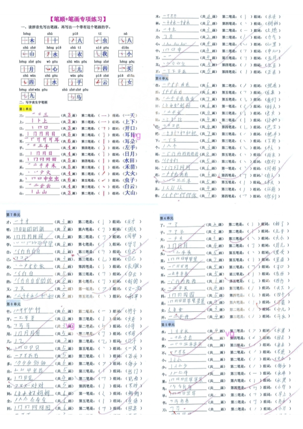 一年级上册语文易错必考笔顺笔画专项练习