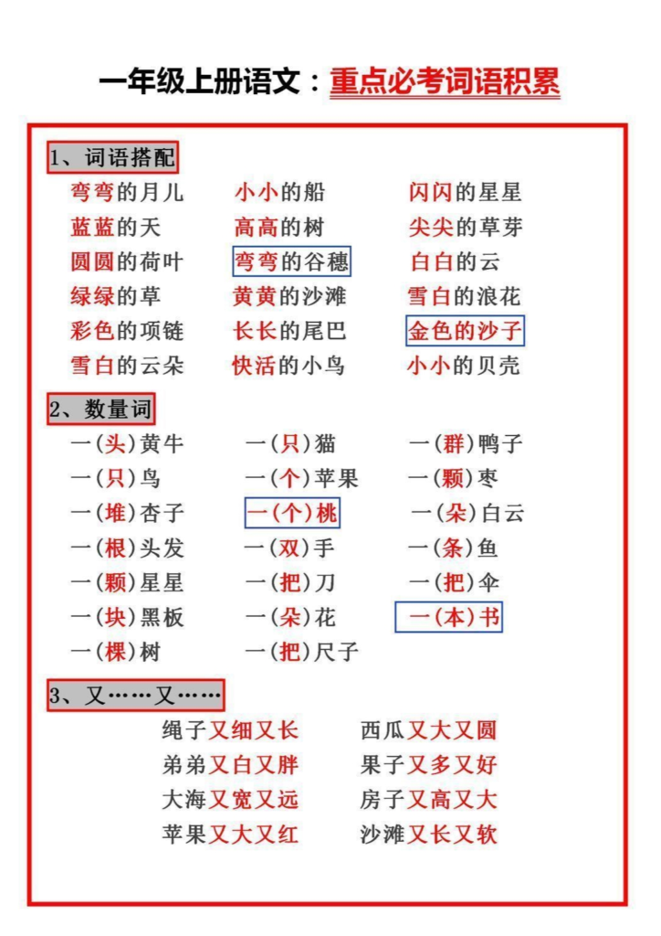 一年级上册语文重点必考词语积累