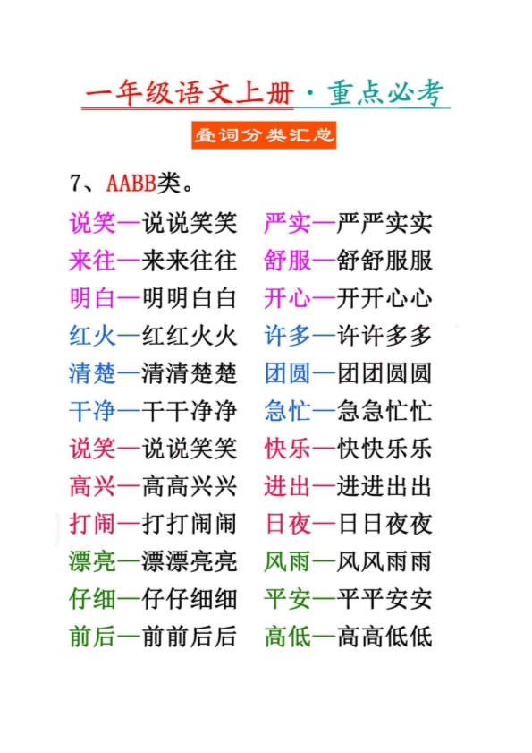 一年级上册语文重点必考叠词分类汇总