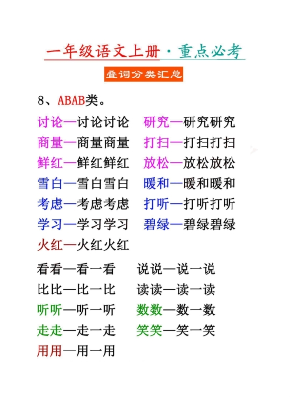 一年级上册语文重点必考叠词分类汇总