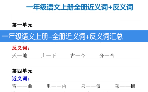 一年级语文上册-全册近义词+反义词汇总