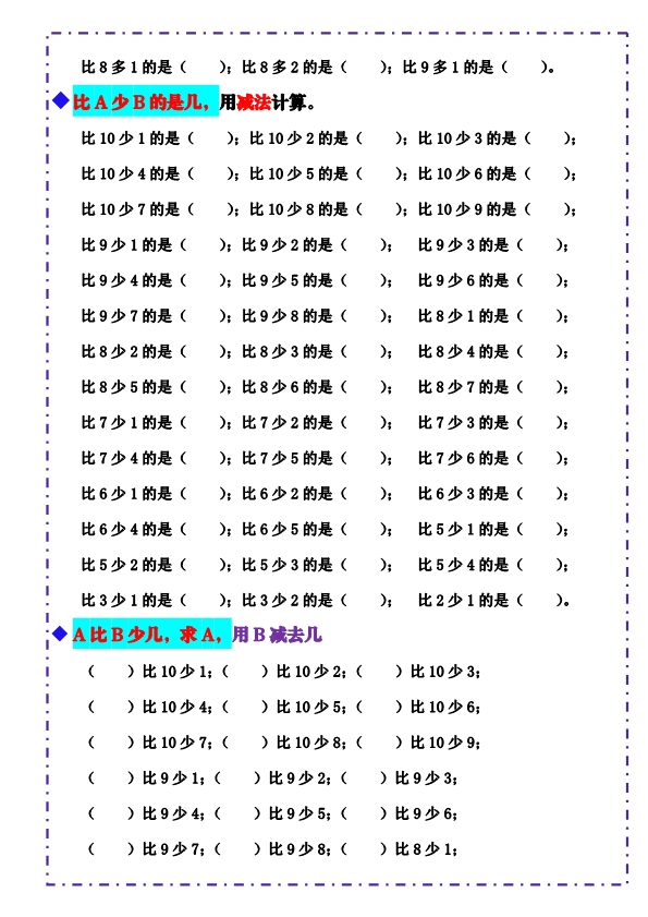 一年级数学上册《10以内比多少》填空题 六大题型 （含答案）