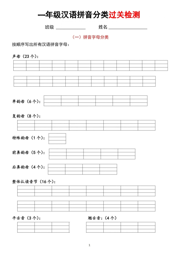 一年级上册语文汉语拼音分类过关测试题 共7页