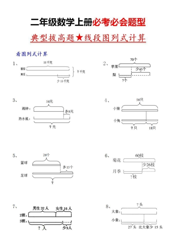 二年级上册数学典型线段图列式计算练习题