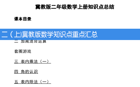 二年级上册冀教版数学知识点重点汇总 共8页
