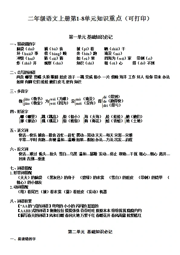 二年级上册语文期末 第1-8单元知识重点汇总 共7页