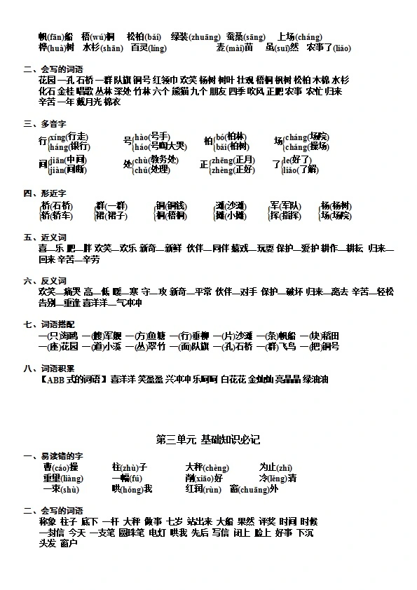 二年级上册语文期末 第1-8单元知识重点汇总 共7页