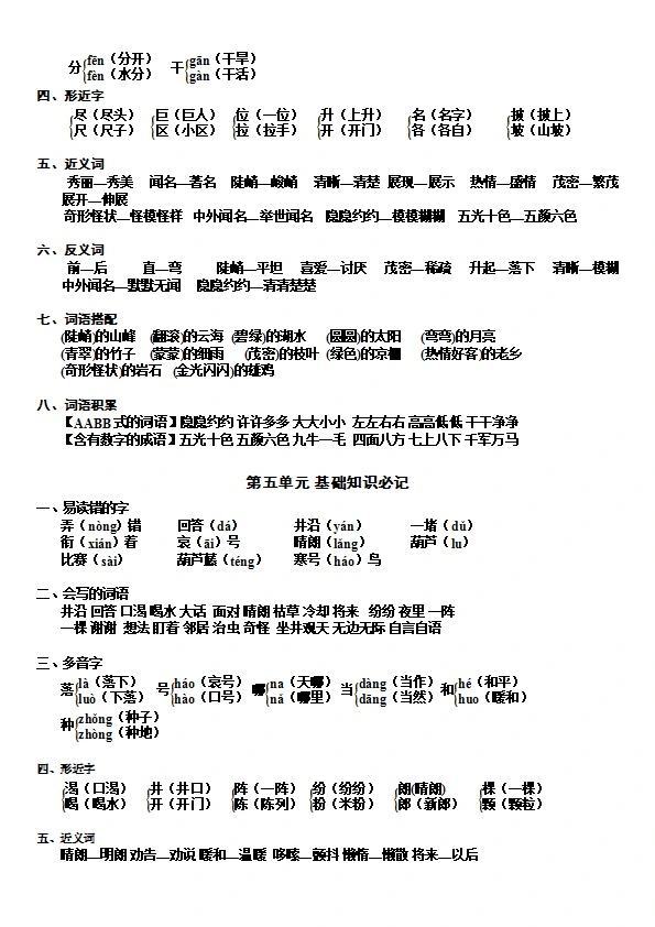 二年级上册语文期末 第1-8单元知识重点汇总 共7页