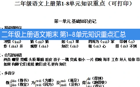 二年级上册语文期末 第1-8单元知识重点汇总 共7页