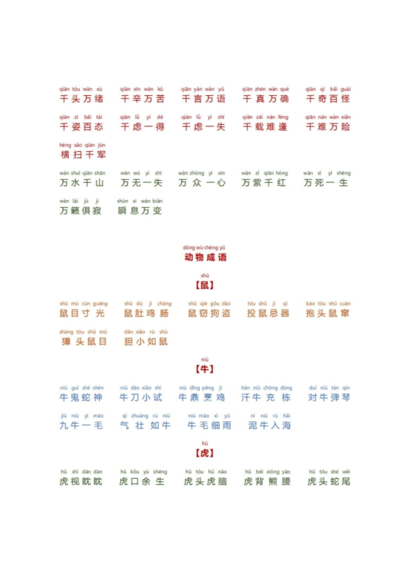 小学生必备成语大全拼音版(数字、颜色、叠字)