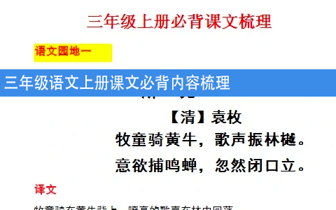 三年级语文上册课文必背内容梳理 共8页