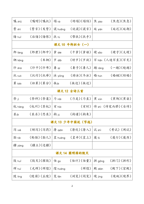 五年级语文上册课文写字表及组词