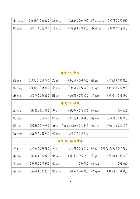 五年级语文上册课文写字表及组词