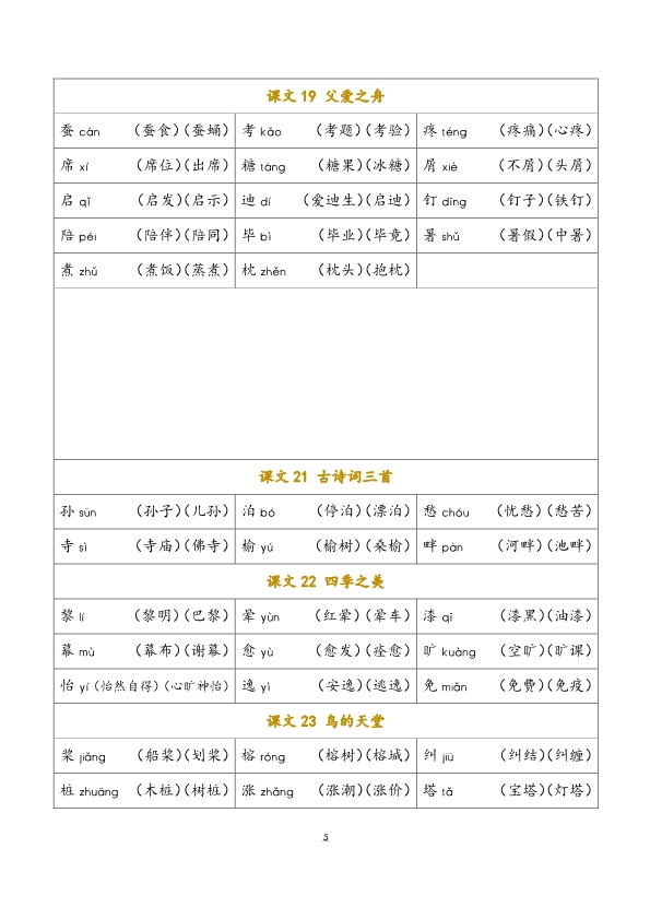 五年级语文上册课文写字表及组词