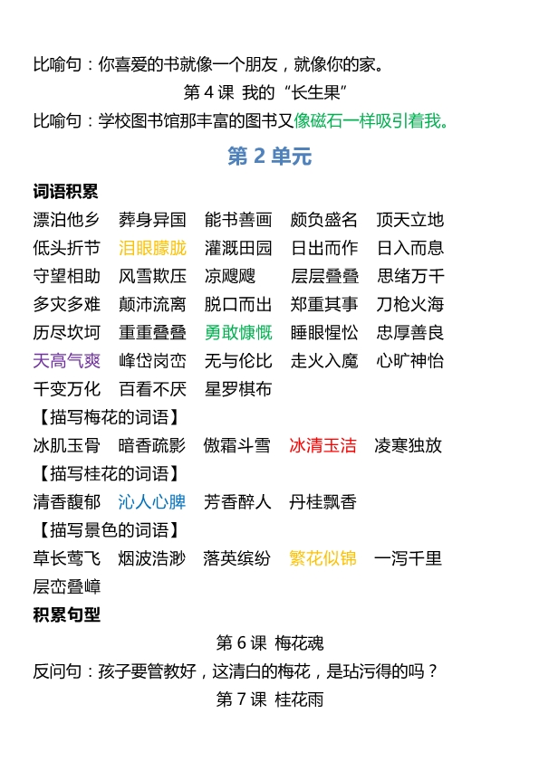 5年级语文上册词语归类积累 课文佳句汇总