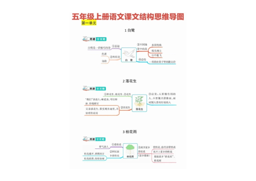 五年级上册语文1-8单元课文结构思维导图