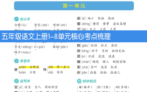 五年级语文上册1-8单元核心考点梳理