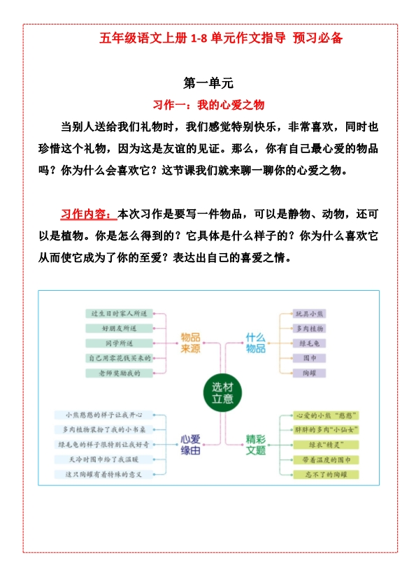 五年级上册语文1-8单元作文指导