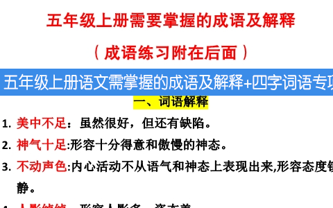 五年级上册语文需掌握的成语及解释+四字词语专项练习题