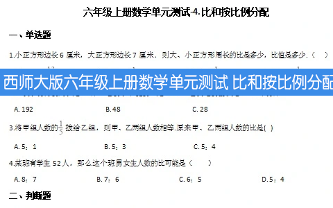 西师大版六年级上册数学单元测试 比和按比例分配 （含答案解析）