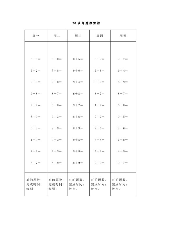 一年级上册数学5、10、20以内口算天天练大全