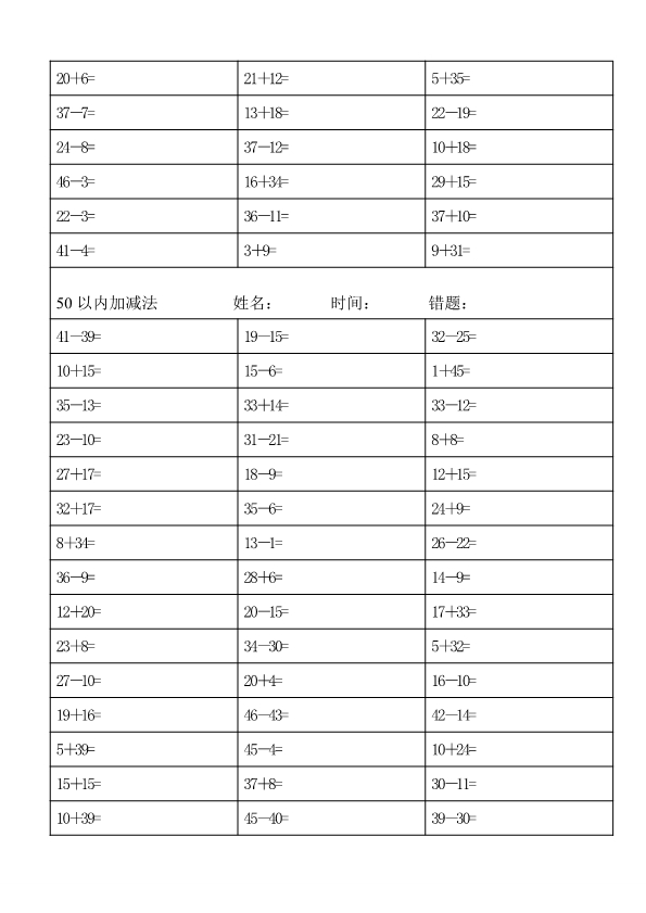 一年级数学上册50以内加减法练习题