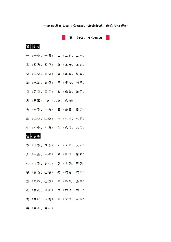 一年级语文上册生字组词、读读说说、拼音汇总资料 共12页