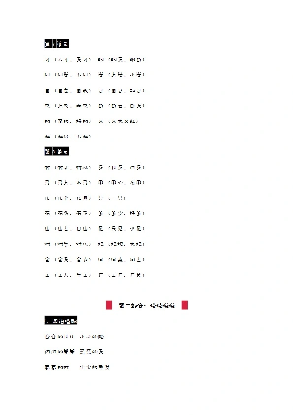 一年级语文上册生字组词、读读说说、拼音汇总资料 共12页