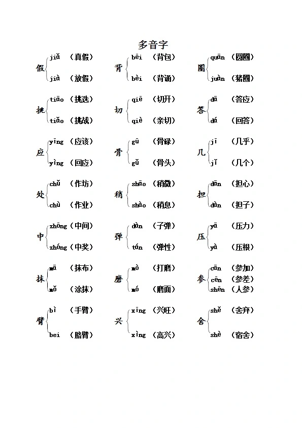 三年级上册语文：全册课本内多音字汇总