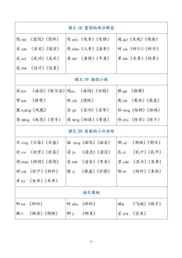 三（上）语文识字表生字组词汇总