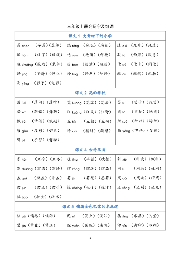 三（上）语文写字表生字组词汇总